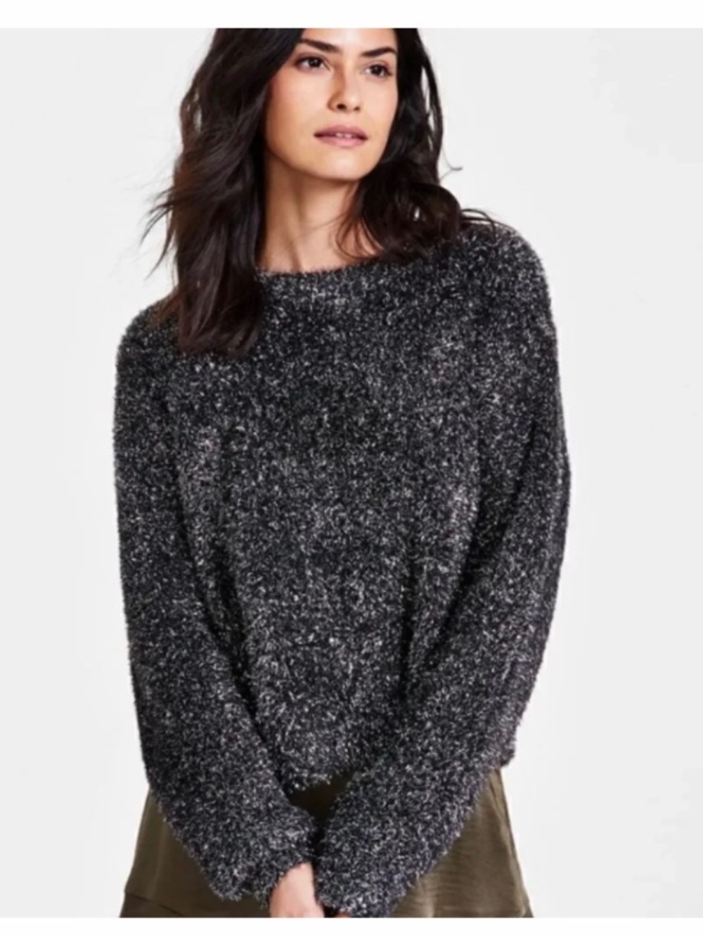 Bar III Metallic Black Silver Sparkle Fuzzy Sweater XS Shimmer Holiday Party